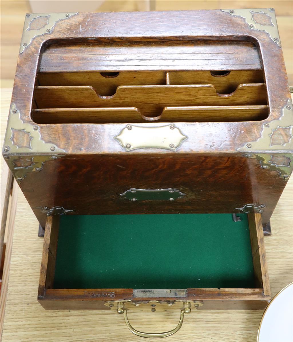 A late Victorian oak stationery casket, height 20cm width 30cm, and a vintage clockwork timer